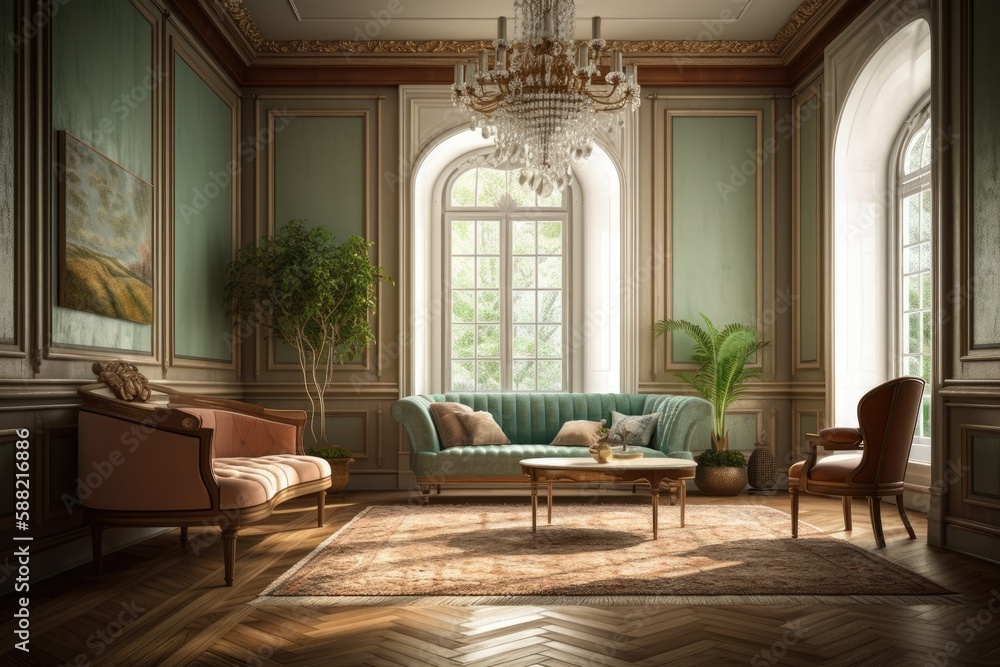 luxurious living room with elegant furniture and a sparkling chandelier. Generative AI