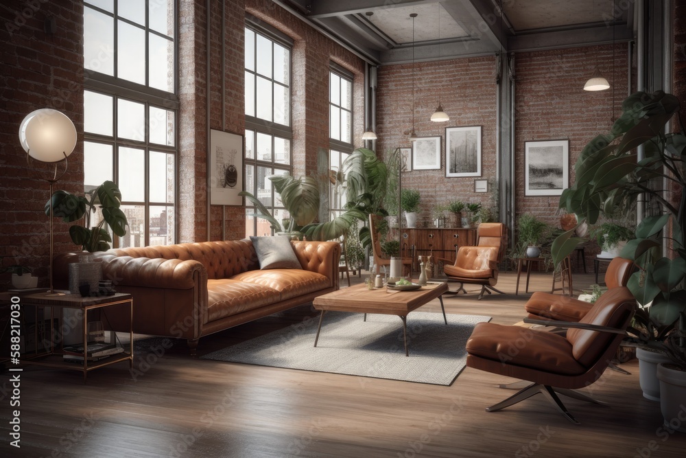 spacious living room with abundant natural light and various pieces of furniture. Generative AI