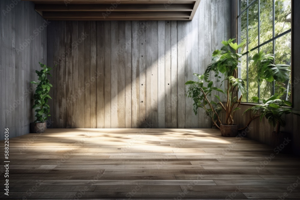 Bright Room with Wooden Floor and Window. Generative AI