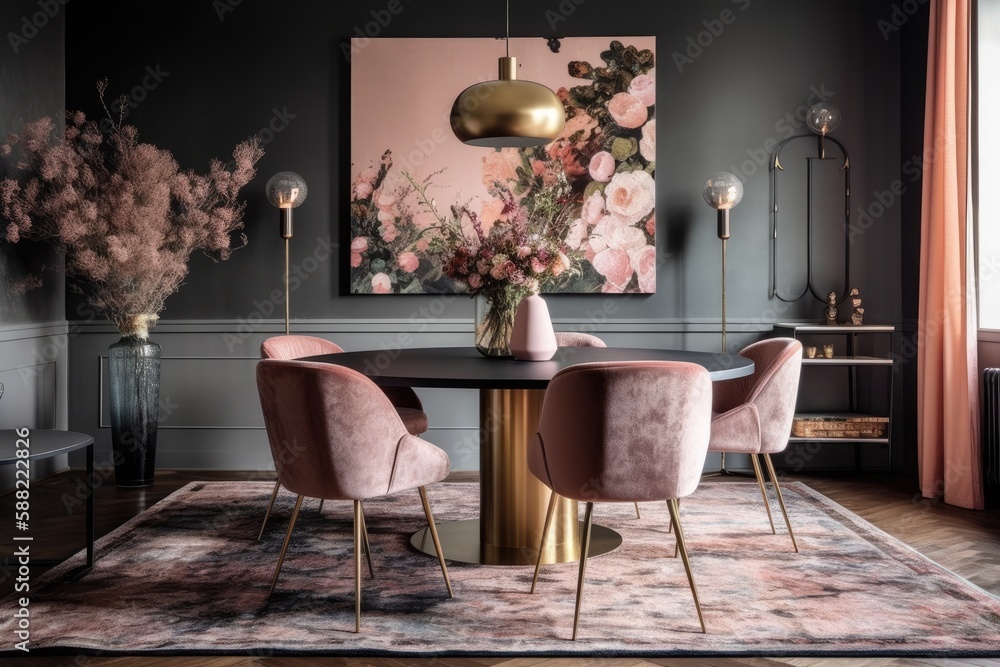 modern dining room with pink chairs and a colorful painting on the wall. Generative AI