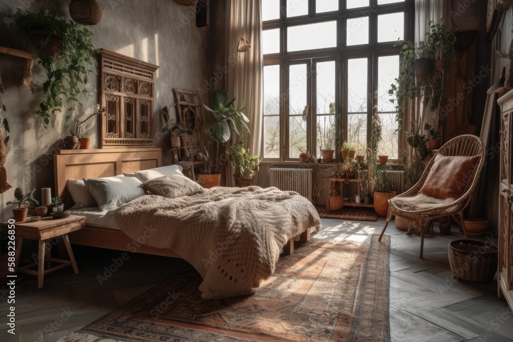 cozy bedroom with natural light pouring in through a large window. Generative AI