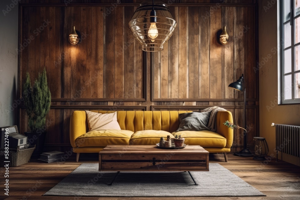 cozy living room with warm wood paneling and a bright yellow couch. Generative AI