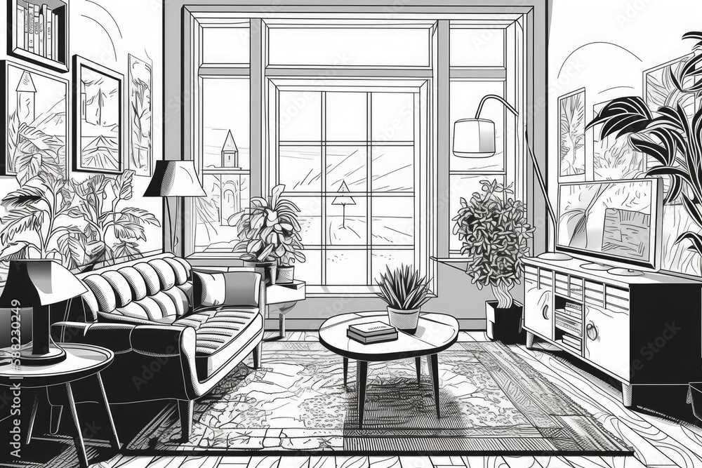 cozy living room in black and white. Generative AI