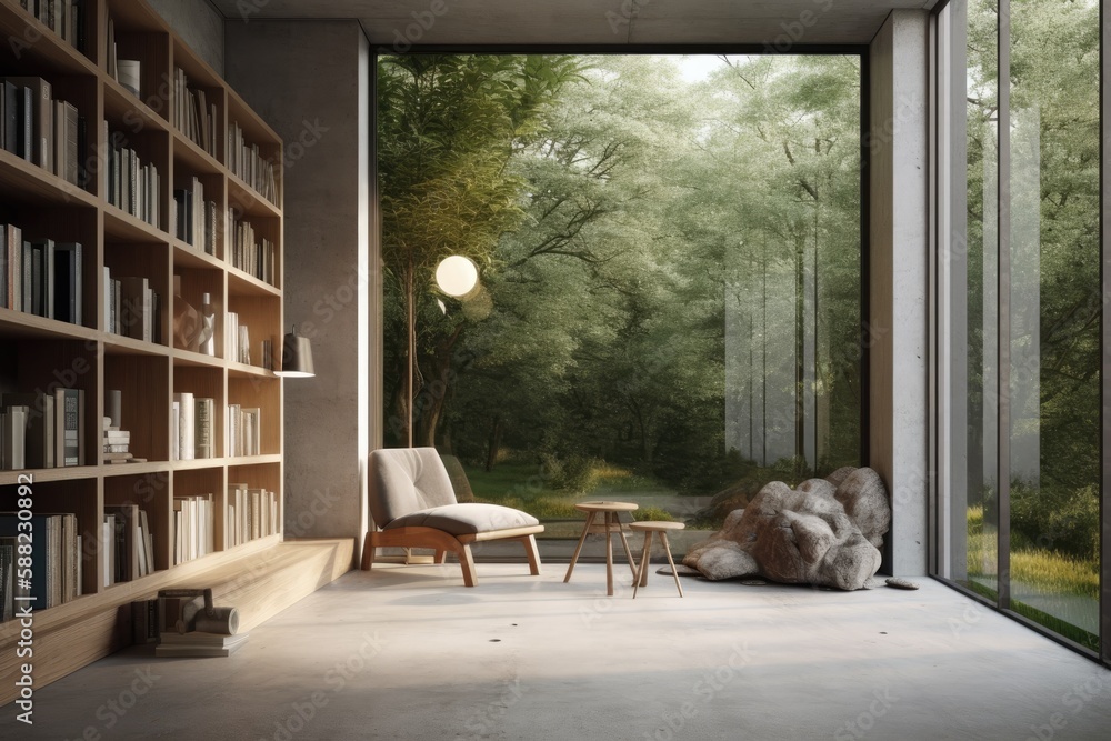 cozy reading nook with a bookshelf and chair. Generative AI