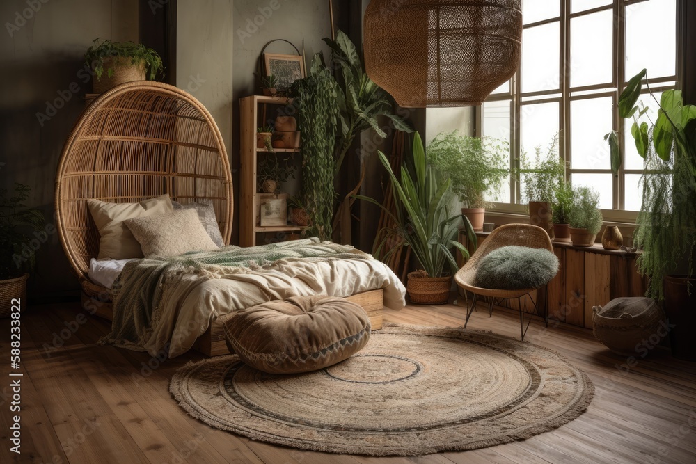 cozy bedroom with natural elements. Generative AI