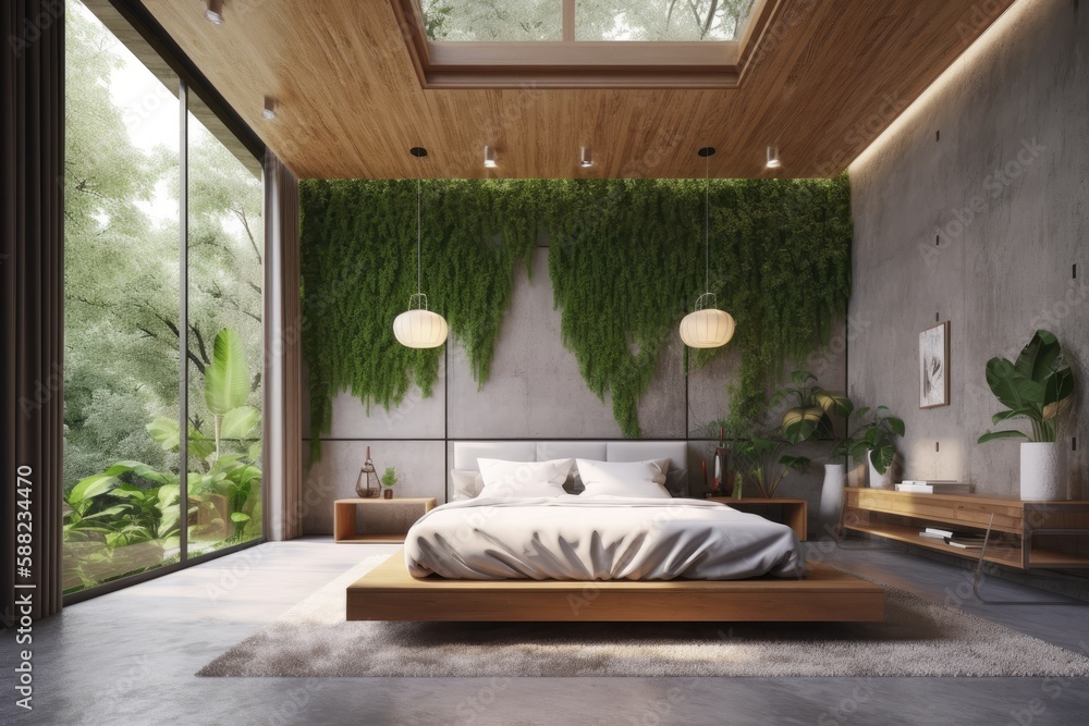 cozy bedroom with a king-sized bed and plant decor on the walls. Generative AI