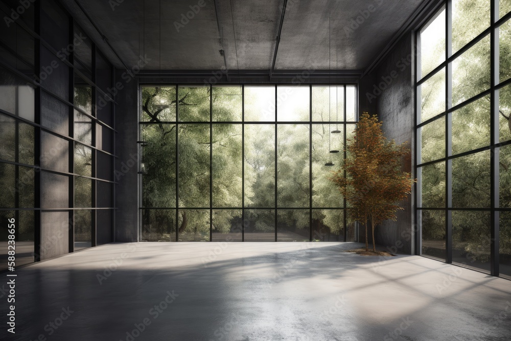 Illustration of an empty room with large windows and a tree outside. Generative AI