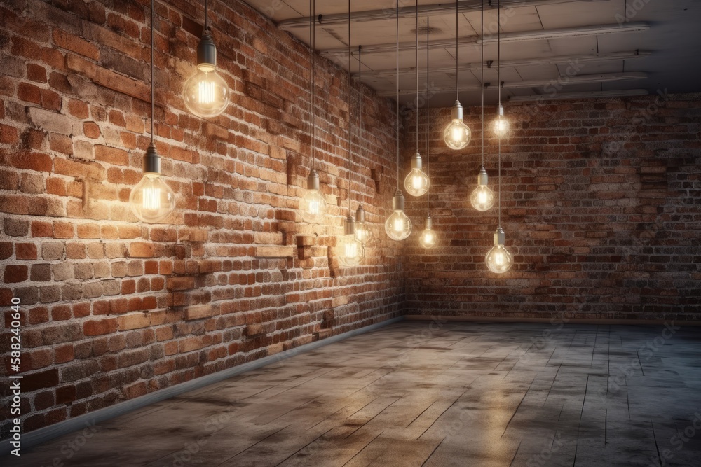 brick wall adorned with hanging lights creating a cozy atmosphere. Generative AI