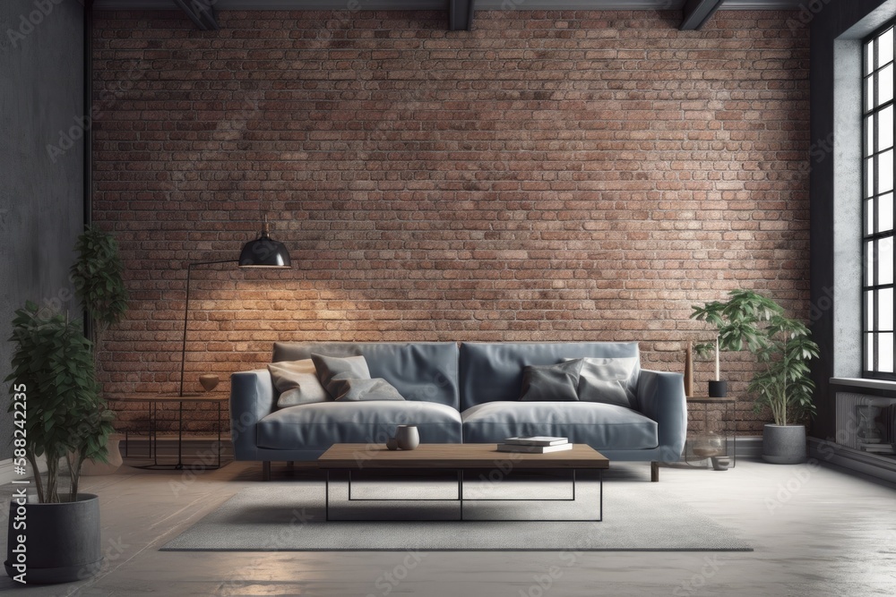 cozy living room with a rustic brick wall and a comfortable blue couch. Generative AI