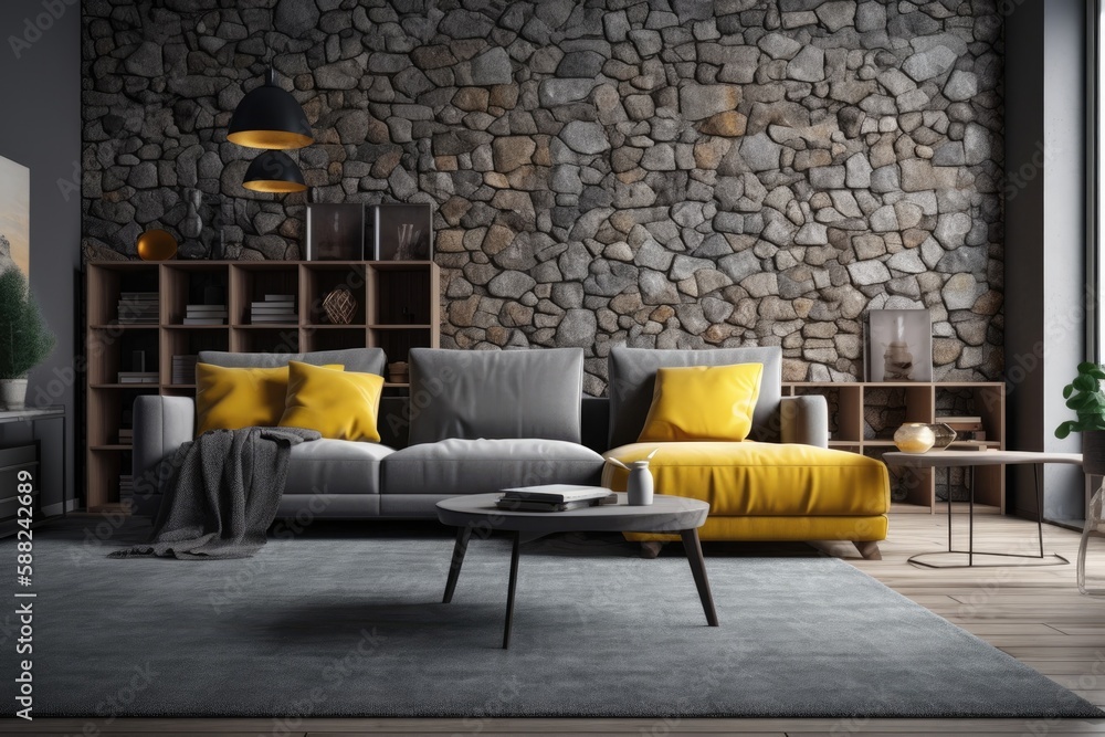 modern living room with a striking yellow and grey color scheme and a textured stone accent wall. Ge