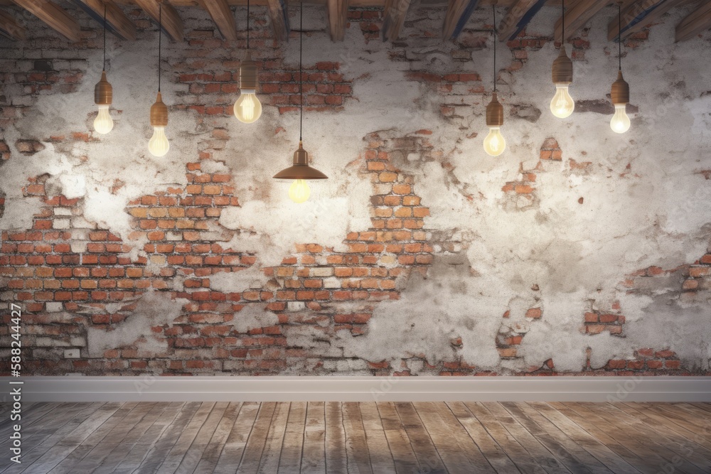 Illustration of an empty room with industrial style brick walls and hanging lights. Generative AI