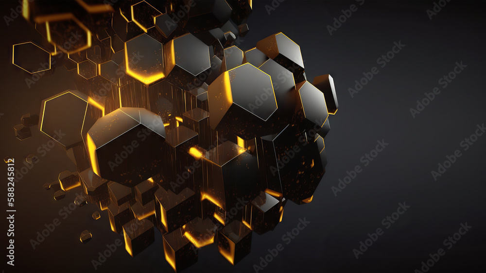 Glowing black and glow abstract organic hexagons background on empty backdrop. Generative ai