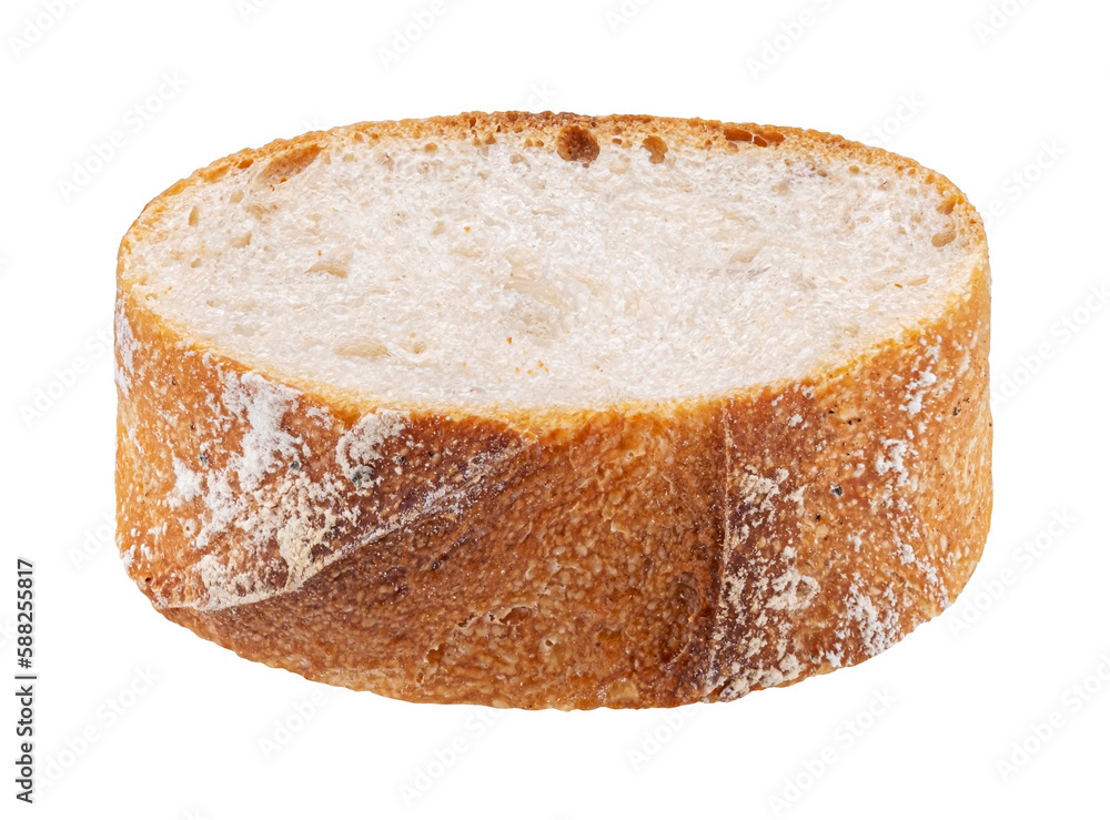 Baguette slice isolated on white background, full depth of field