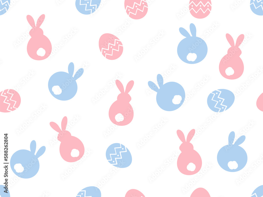 Seamless pattern with Easter bunny rabbit cartoons, eggs on white background vector. 