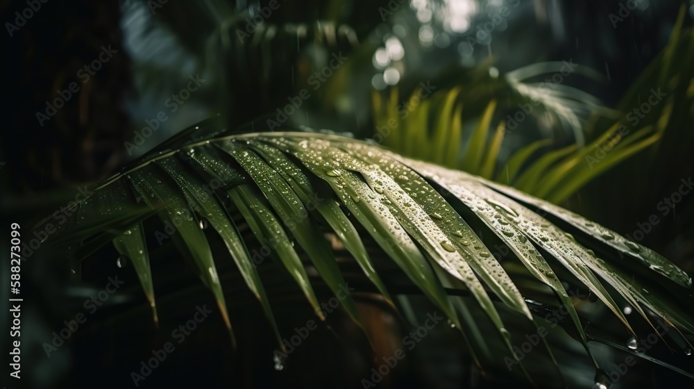 Closeup of palm tropical plant leaves with rain drops. Green natural backdrop. Generative AI