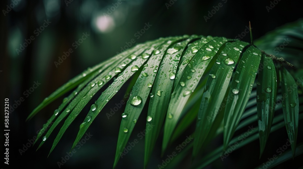 Closeup of Kentia Palm tropical plant leaves with rain drops. Green natural backdrop. Generative AI