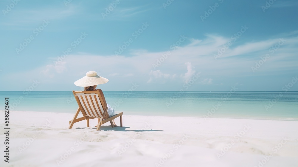 Woman relaxing on tropical beach against paradise ocean. Summer seascape with palm leaves. Generativ