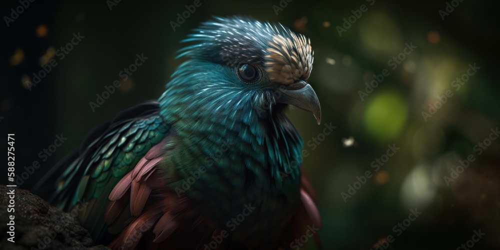 Female Quetzal bird with forest background. Generative AI