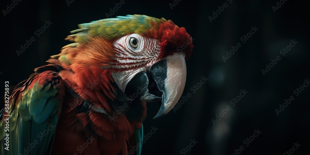 Profile portrait of green-winged macaw parrot. Generative AI