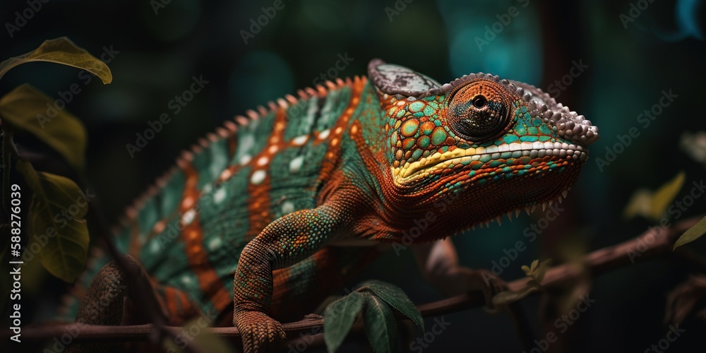 Colorful chameleon isolated on leaves background. Lizard on the green leaves. Generative AI