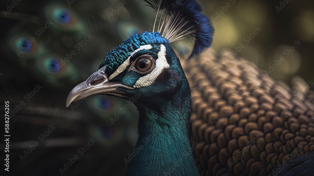 Close up photo of Peacock bird on forest background. Generative AI