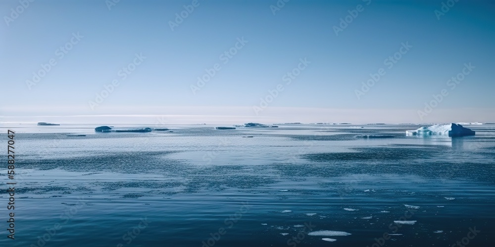 Winter sea landscape with floating ice fragments on still cold water. Generative AI