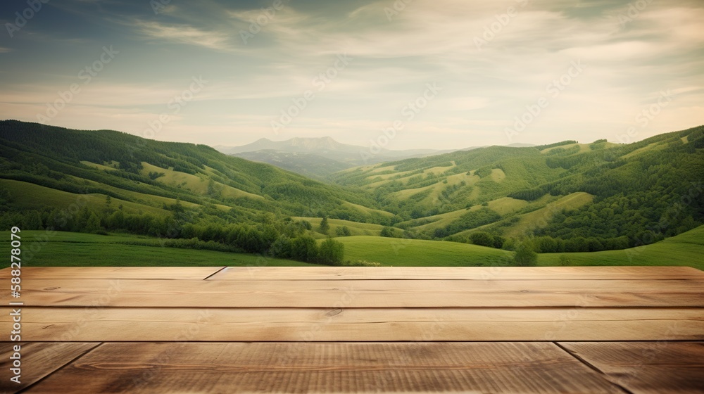 Wood table mockup with vibrant green hills on background. Empty copy space for product presentation.