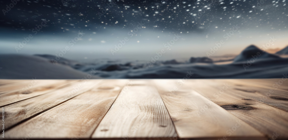 Wood table mockup with falling snow on background. Empty copy space for product presentation. Genera