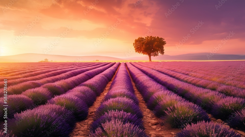 Stunning landscape with lavender field with stunning sunset on background. Generative AI