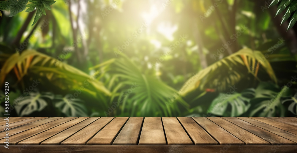 Wood table mockup with tropical jungle on background. Empty copy space for product presentation. Gen