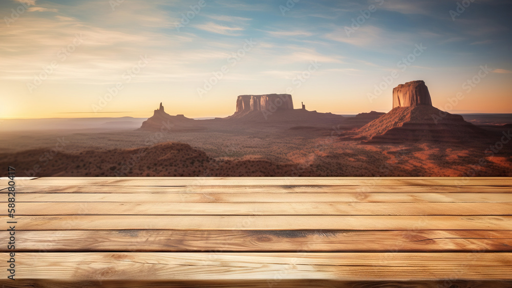 Wood table mockup with desert on background. Empty copy space for product presentation. Generative A