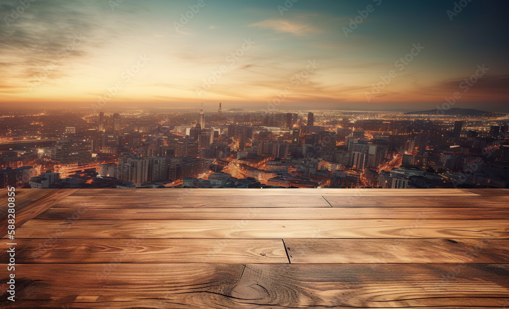 Wood table mockup with big city cityscape on background. Empty copy space for product presentation. 