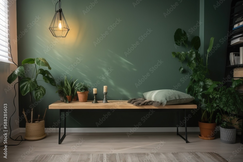  a room with a wooden table and a green wall with a light hanging above it and some plants on the fl