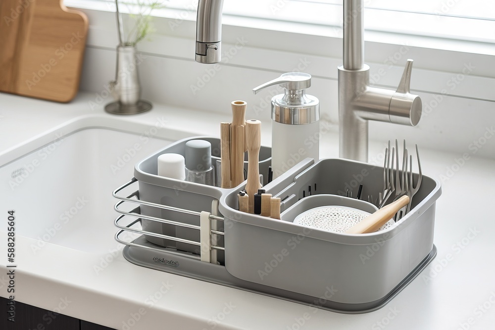  a kitchen sink with a dish rack and utensils in it and a window in the background with a window sil