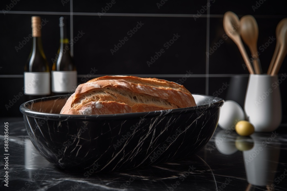  a loaf of bread sitting in a bowl on a counter next to a bottle of wine and utensils on a counter t