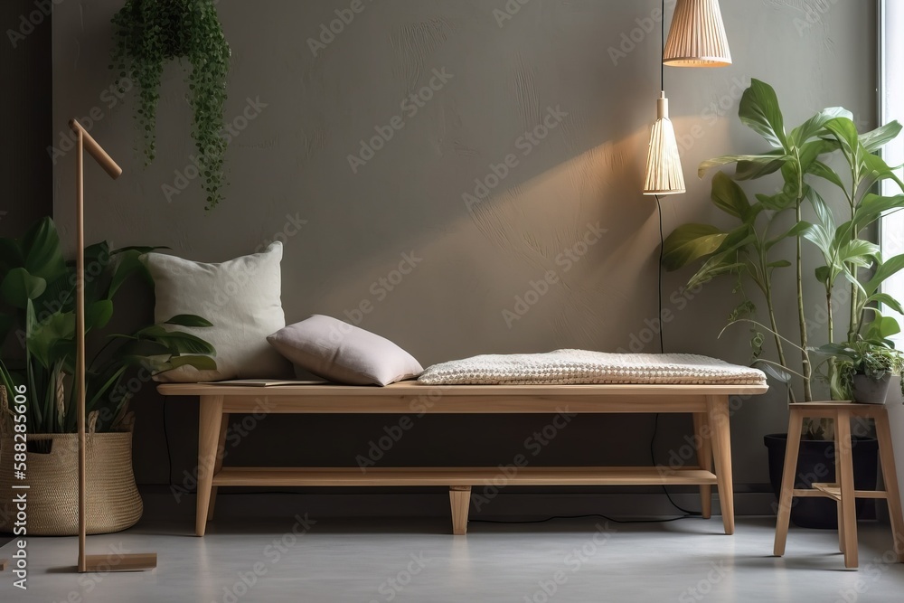  a room with a bed, plants and a lamp on the side of the wall, and a floor lamp on the side of the w