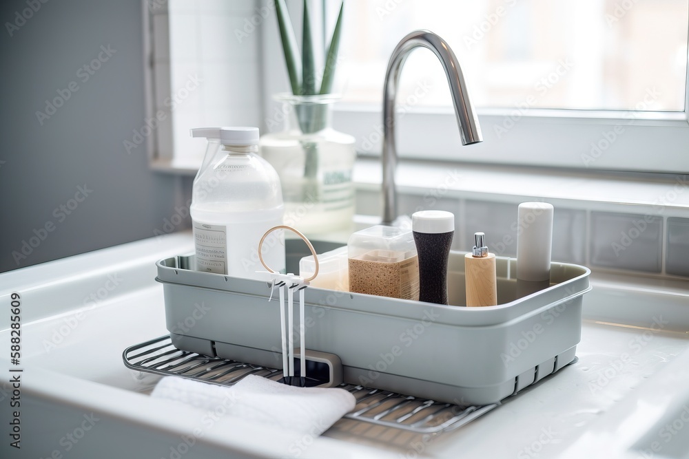  a bathroom sink with soap, lotion, and lotion bottles in a holder on the sink countertop next to a 