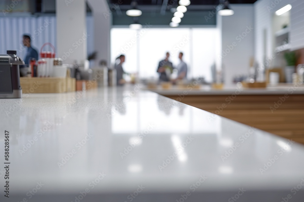  a counter top in a commercial kitchen with people in the background in a blurry photo of the counte