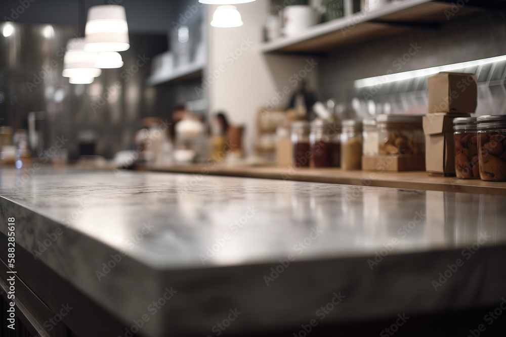  a counter top with jars of food on it and lights hanging above the counter top in a restaurant or b