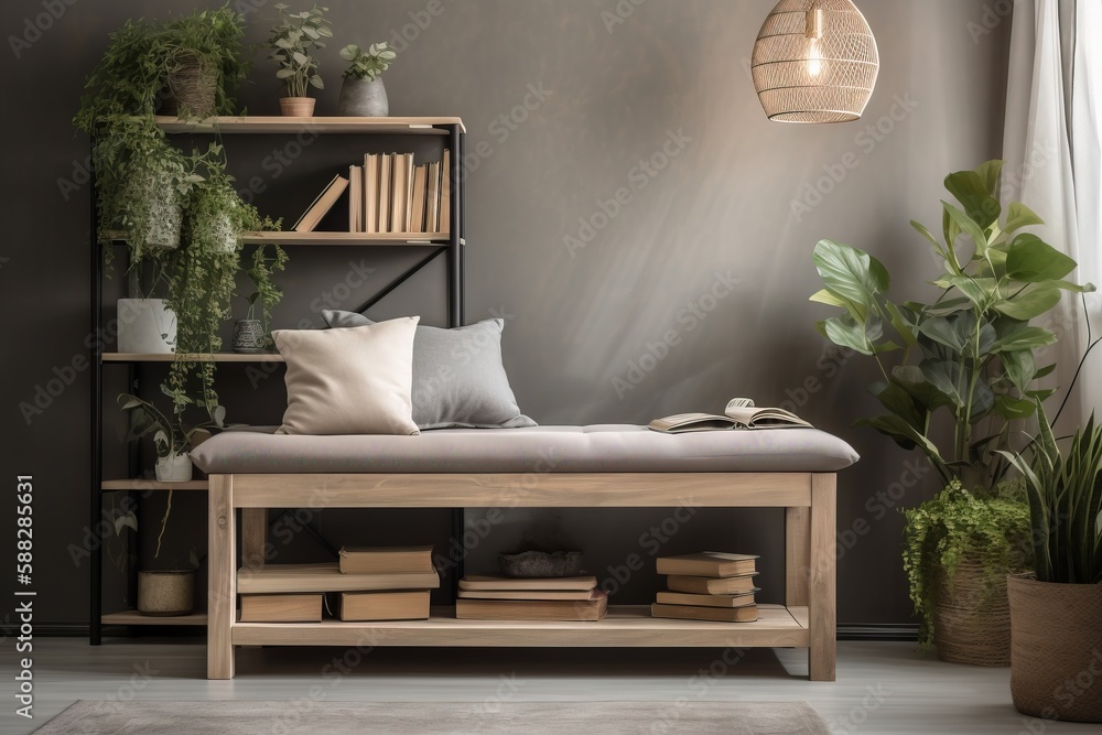  a living room with a book shelf and a couch with a book on top of it and a plant in the corner of t