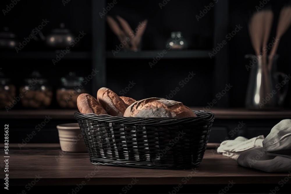  a basket of bread sitting on top of a wooden table next to a bowl of bread and a cup of coffee on a