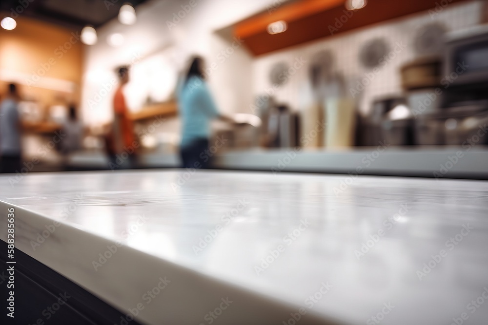  a close up of a counter top with people in a kitchen in the background of the picture in the backgr