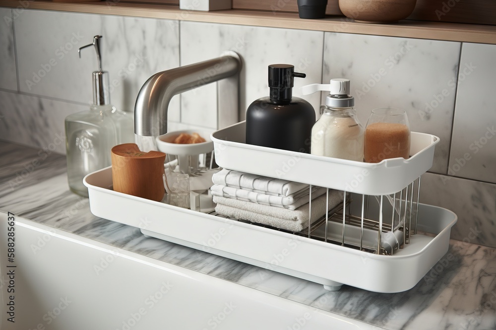  a bathroom sink with soap, lotion, and other bathroom items in a tray on the sink countertop next t