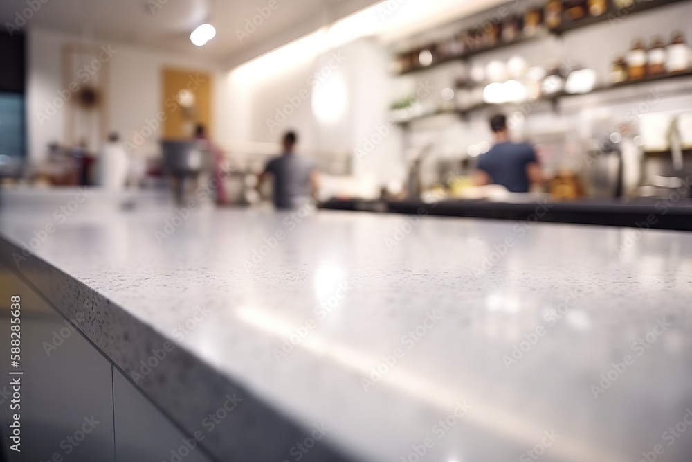  blurry image of a counter top in a restaurant or bar with people in the back ground and a person in