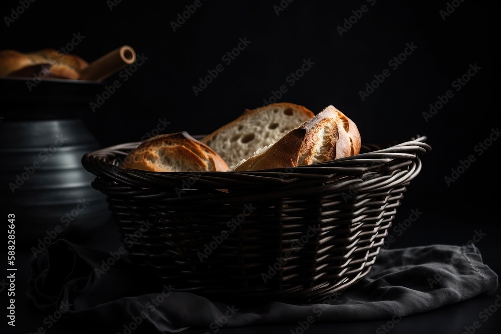  a basket of bread sitting on top of a table next to a plate of bread on a table cloth and a bowl of