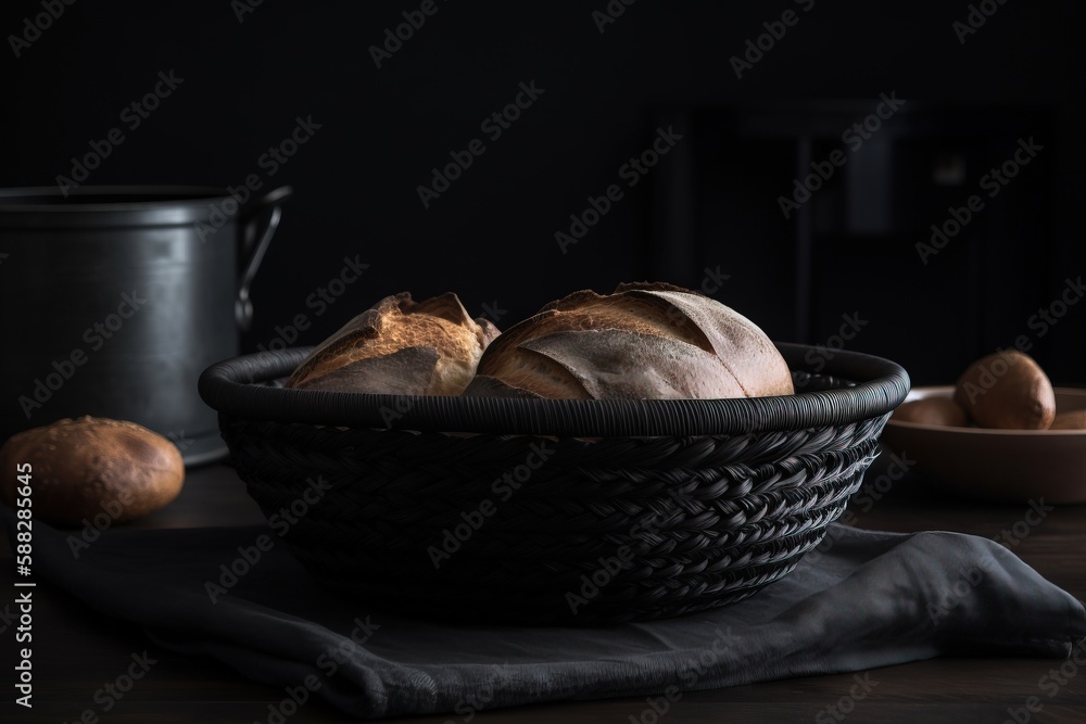  a basket of bread sitting on top of a table next to a bowl of bread and a bowl of fruit on a table 