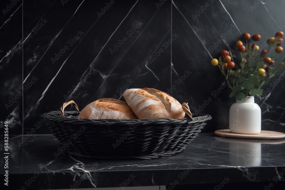  a basket of bread sitting on top of a counter next to a vase with flowers in it and a vase of flowe