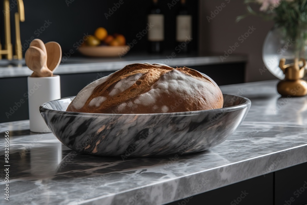  a loaf of bread sitting in a bowl on a marble counter top next to a vase with flowers and a wooden 