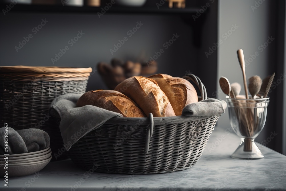  a basket of bread sitting on top of a table next to a bowl of bread and a glass of wine on a table 