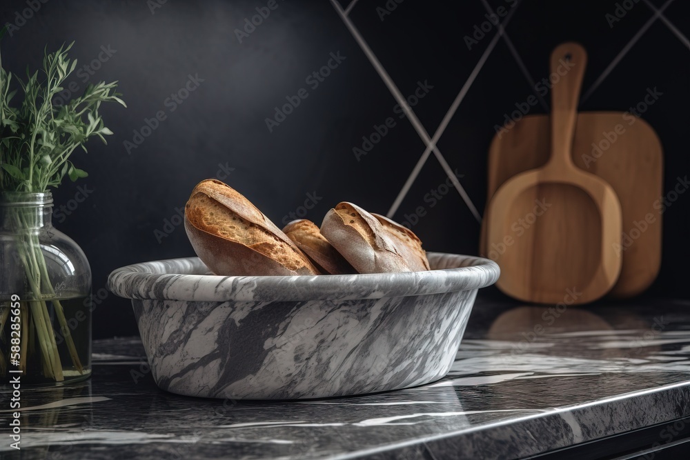  a marble bowl filled with bread next to a vase of flowers and a cutting board on a marble counter t